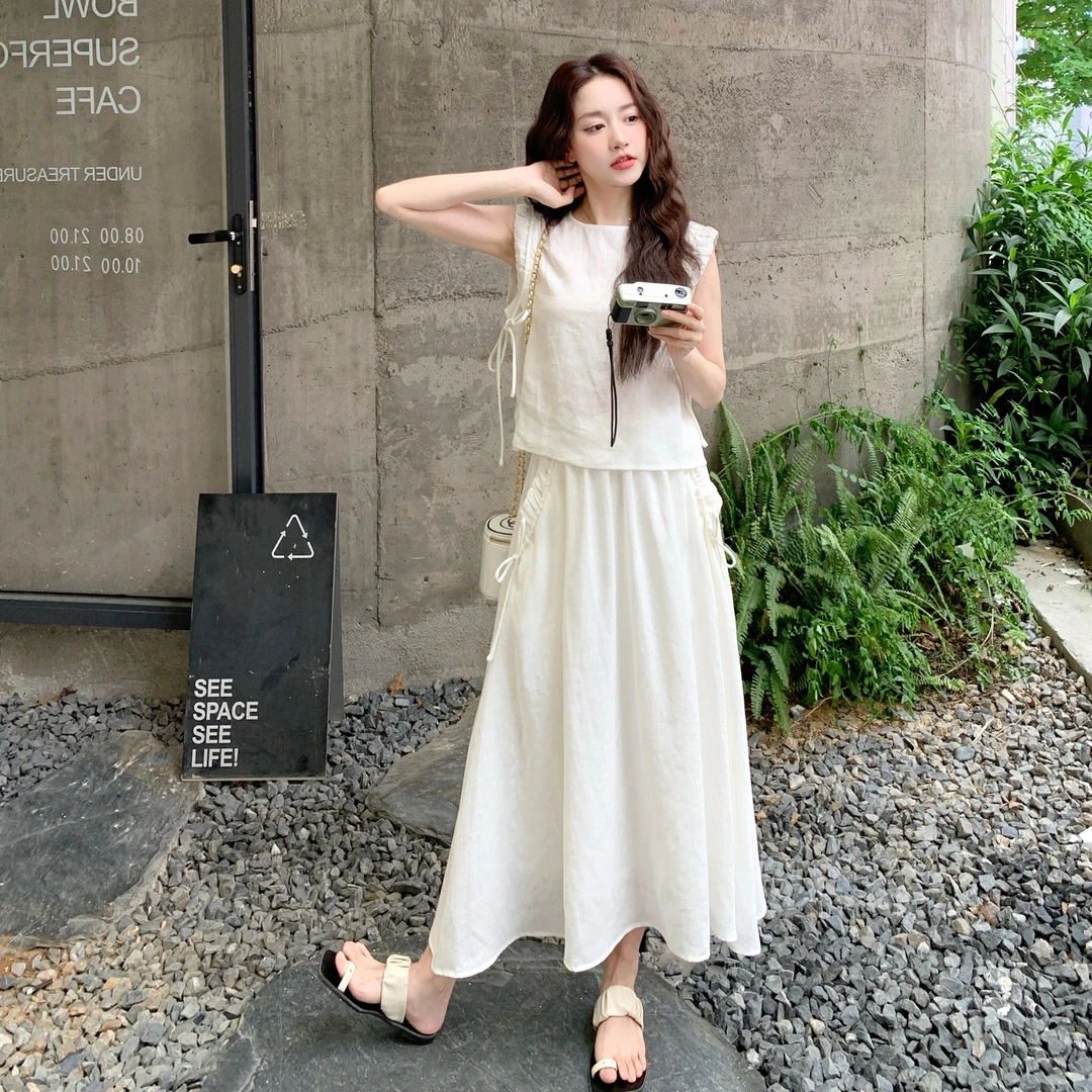 法式氛围感气质炸街套装裙女装2025夏季新款绑带无袖设计款两件套