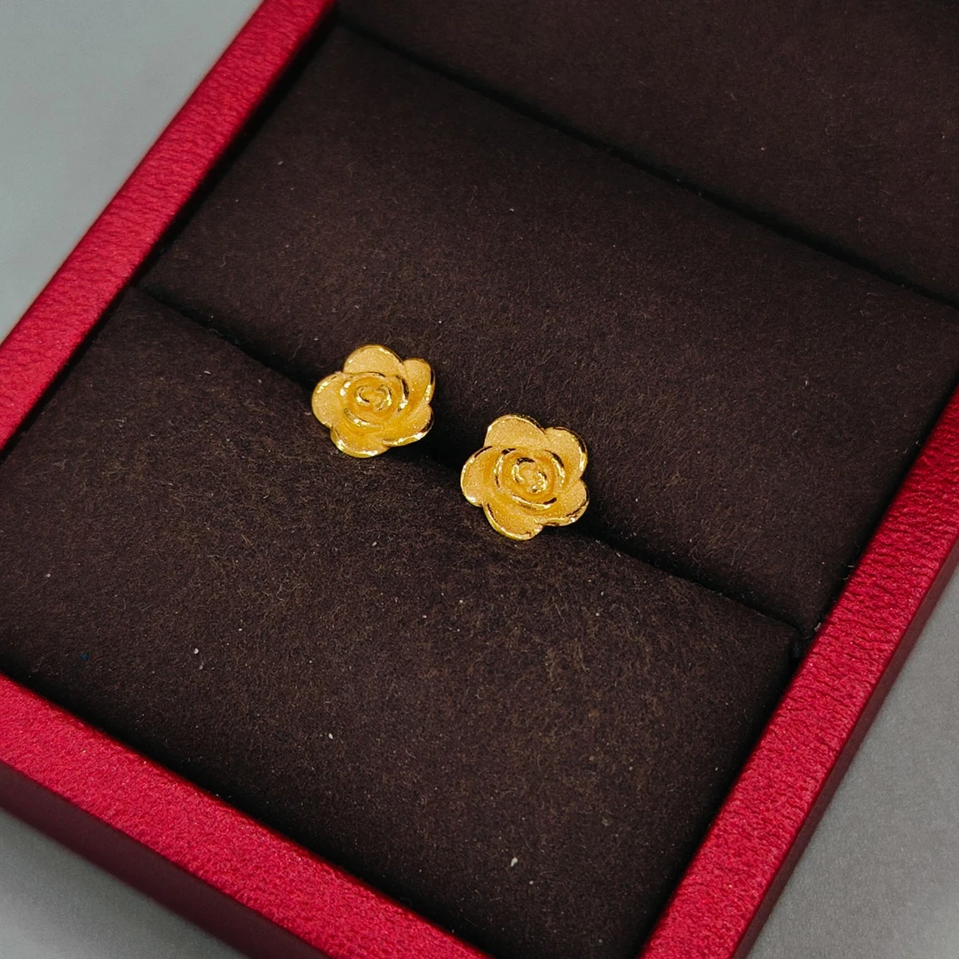 珺铺黄金 足金999【一店】5G立体玫瑰花弯钩耳钉