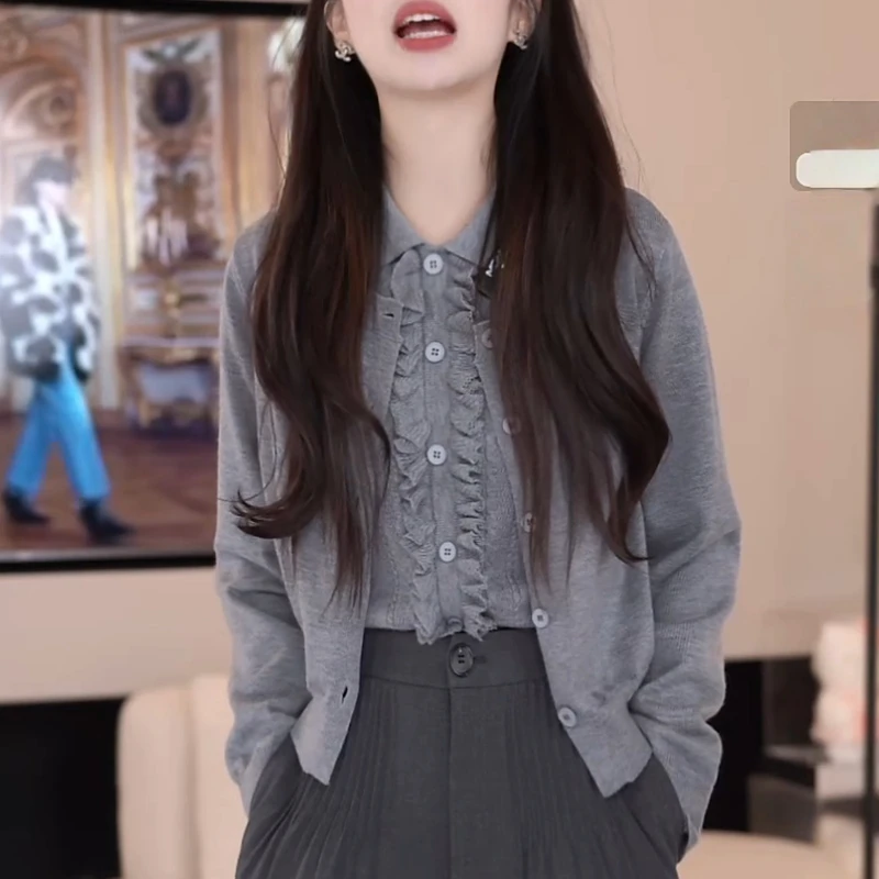 韩系设计感套装女2025春秋新款木耳边针织背心长袖开衫外套两件套