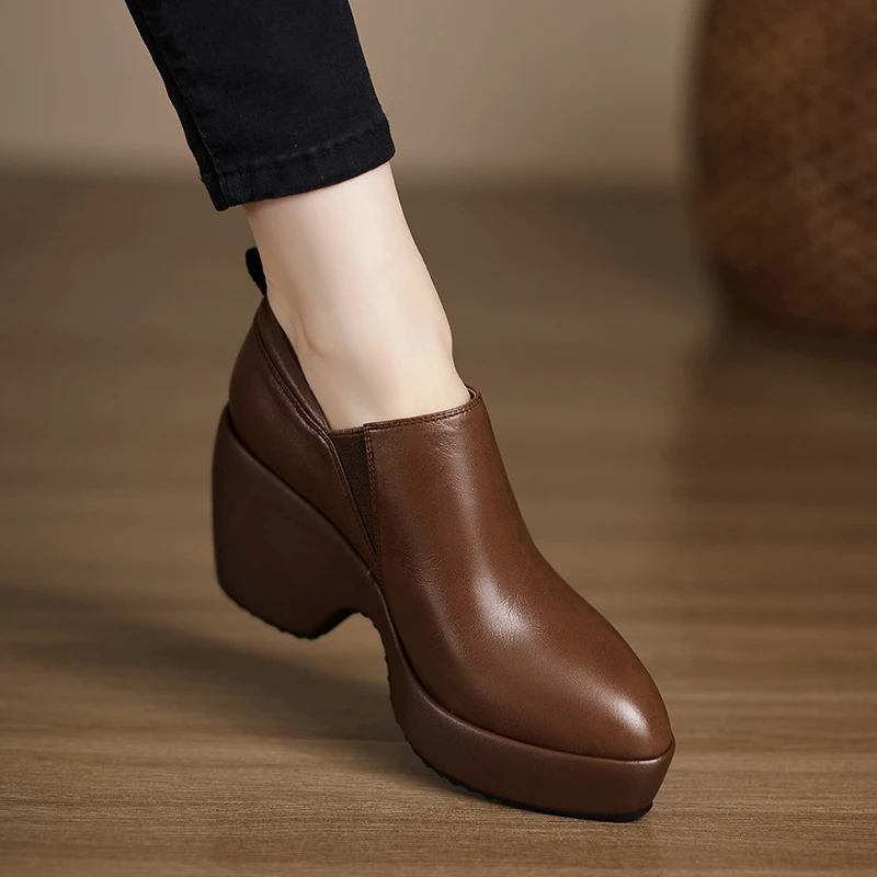 小个子手工女鞋9cm~复古棕色厚底高跟鞋乐福鞋女真皮尖头坡跟单鞋