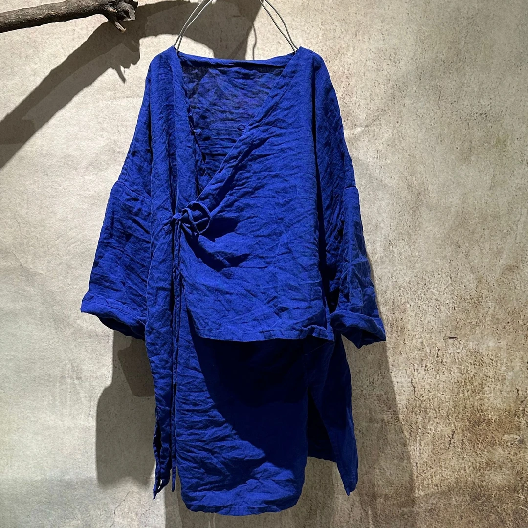 sunianweiyang/素年未央桑田 砂洗亚麻复古偏襟盘扣中长袍