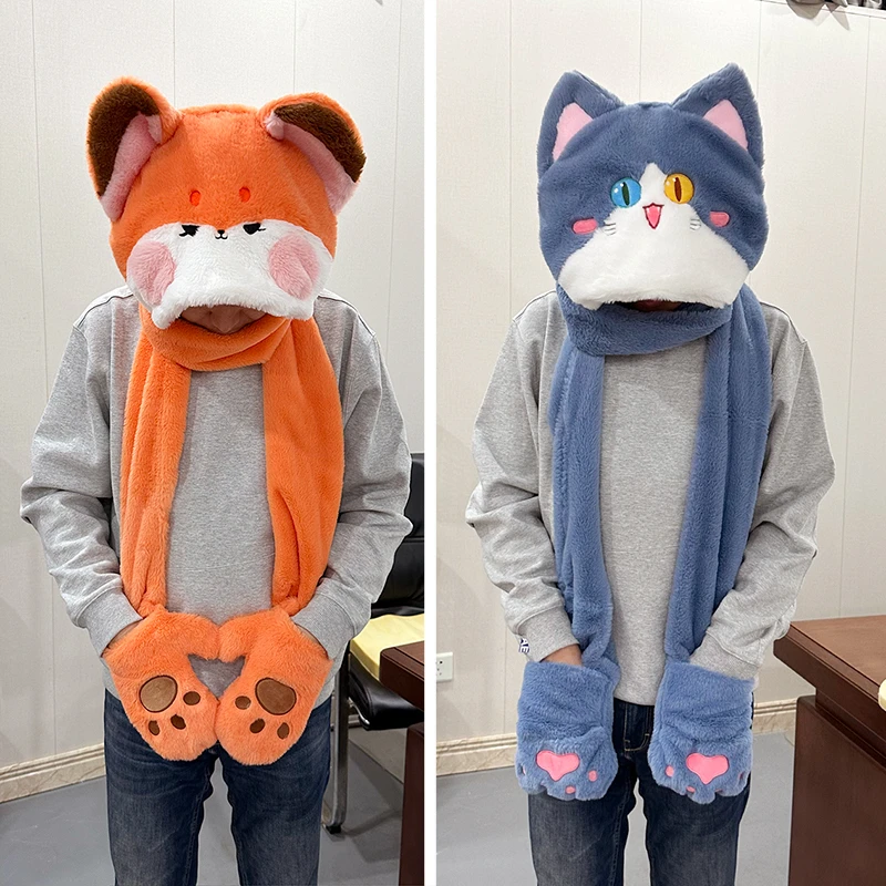 暖冬铭创优趣 鲨猫小狐狸毛绒围巾帽子手套三合一保暖女生礼物