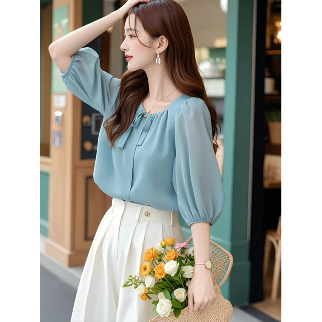 初夏减龄好看的韩系chic别致通勤上衣休闲蓝色五分袖雪纺衬衫女款
