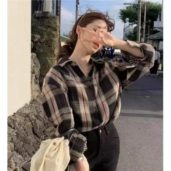 复古格子衬衫2025新款女早秋宽松慵懒风衬衣秋叠穿长袖上衣