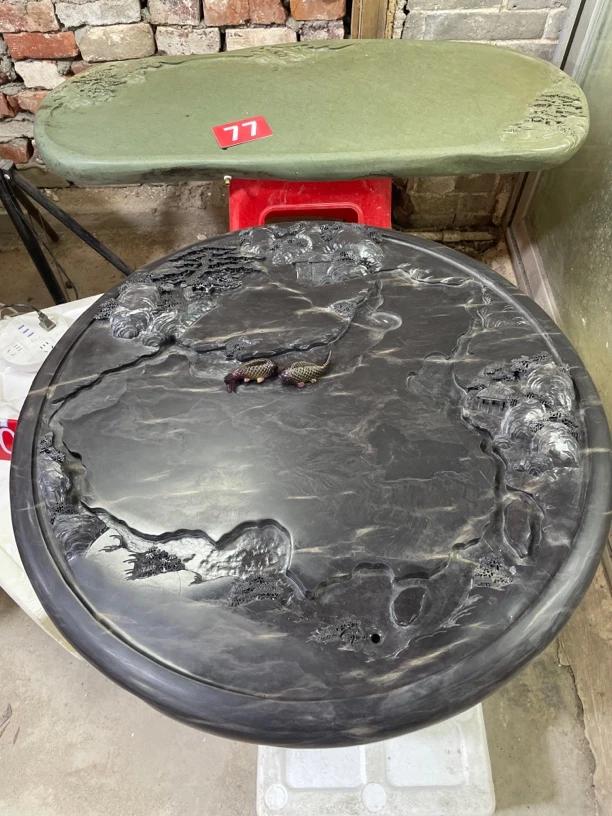 中国四大名砚端溪名砚石锦绣中华山水圆盘茶盘茶具砚石/直径70×9