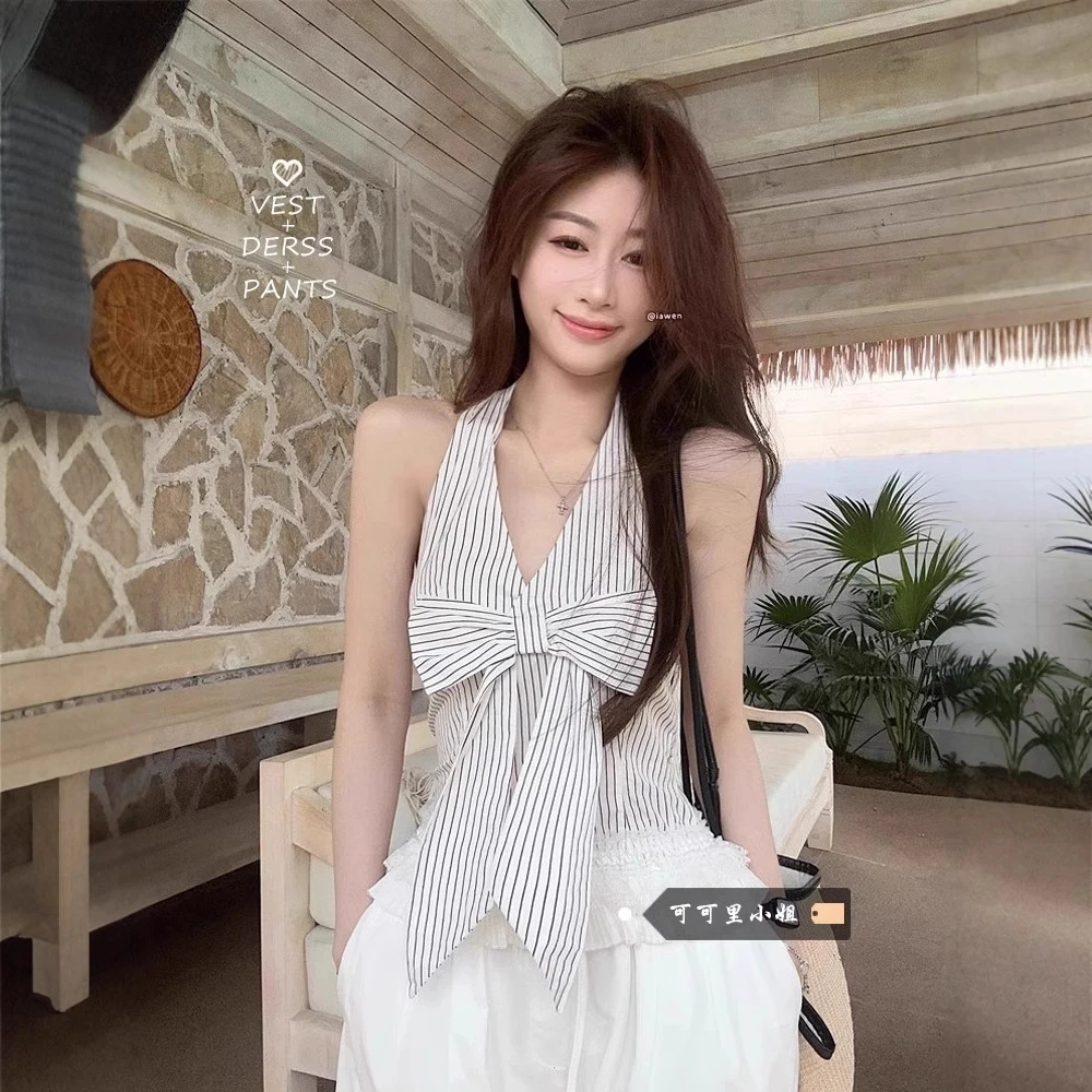 板栗可可 人间梦露 鱼骨鱼骨束型挂脖连衣裙女夏v领法式吊带长裙