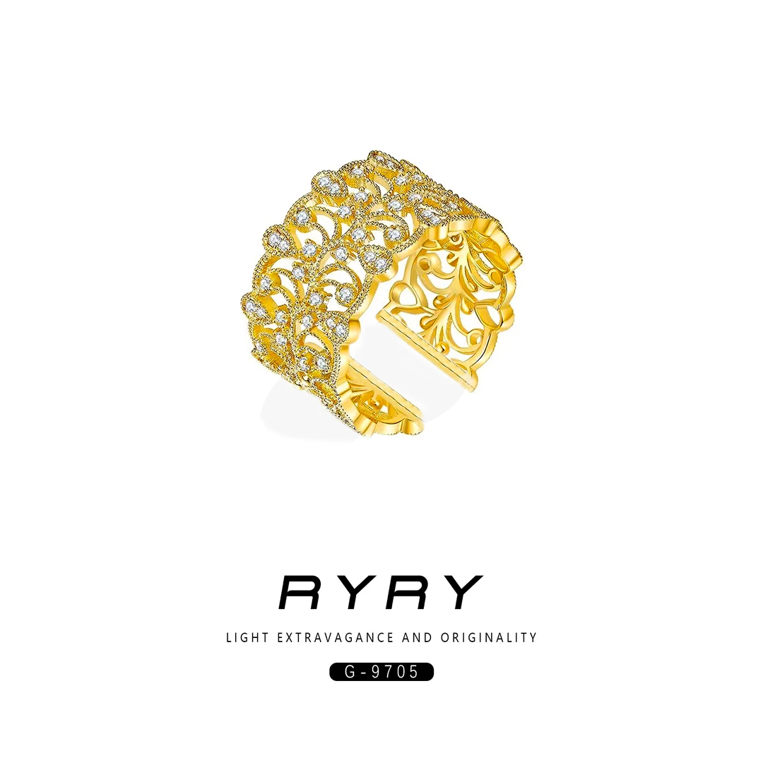 RYRY 铜合金戒指 宫廷风蕾丝花边时尚复古艺术花纹锆石镂空戒指