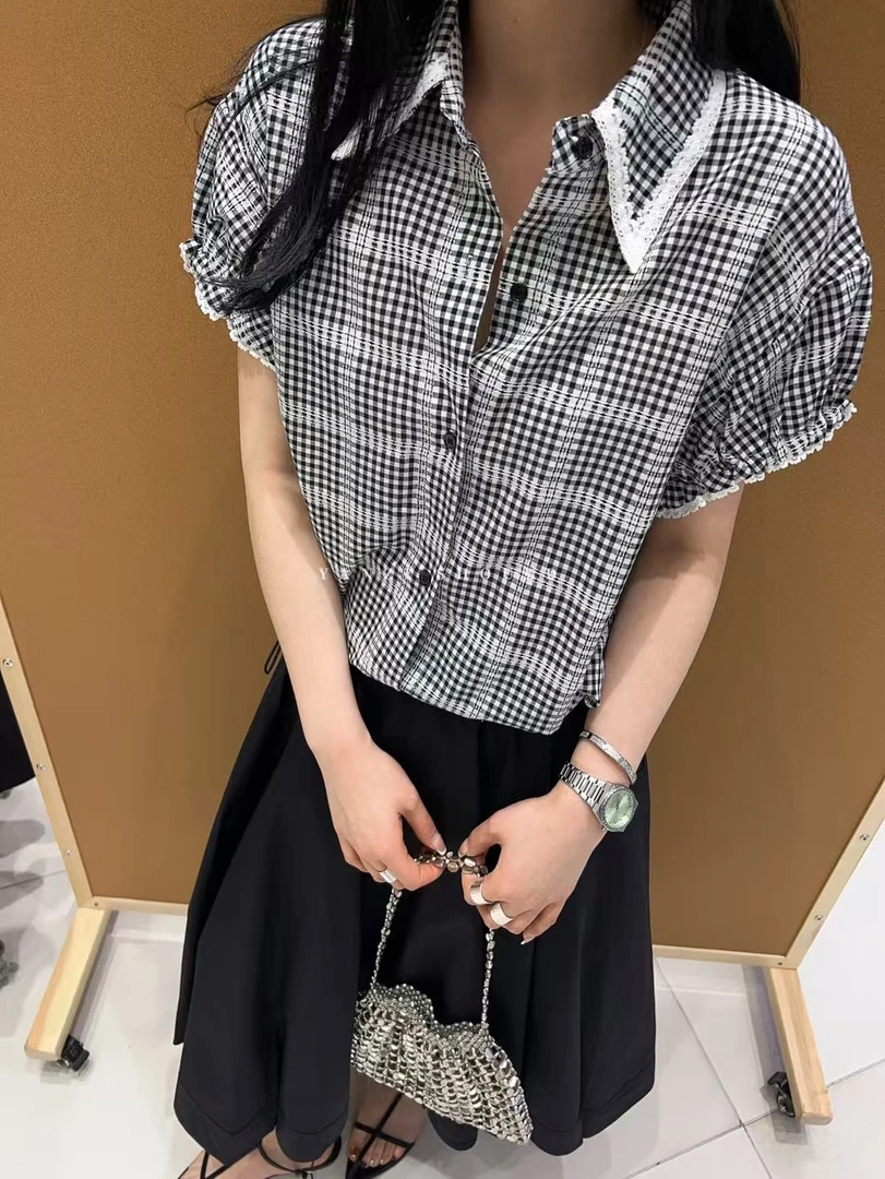 夏季文艺格子衬衫女短袖娃娃领设计感上衣遮肚子显瘦