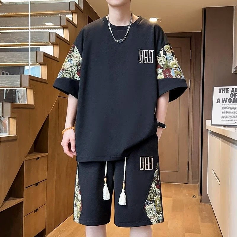 夏季男士国潮刺绣男生短袖短裤休闲运动套装新中式时尚上衣两件套
