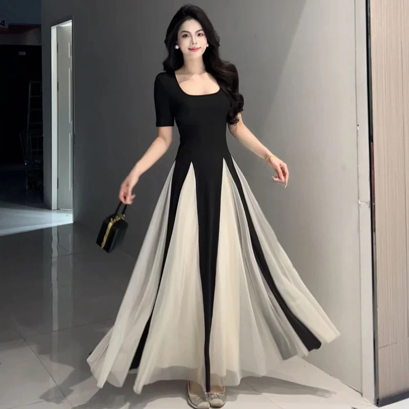 战袍网纱拼接短袖大摆婚宴女2025夏季显瘦感法式百褶方领长裙子