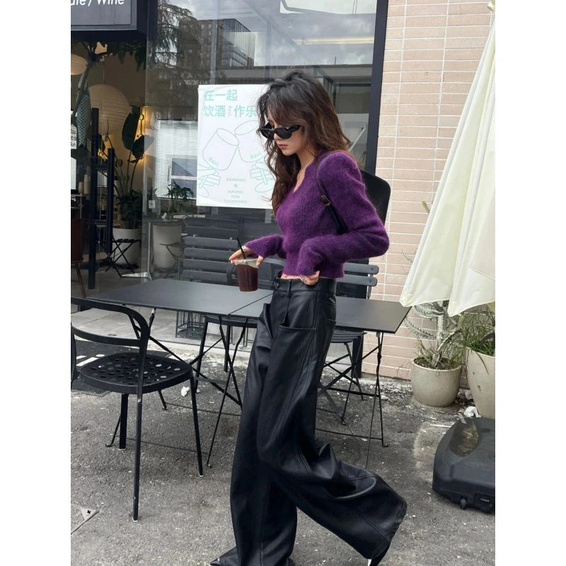 V领紫色短款上衣法式高级感慵懒针织衫套头毛衣裤子套装2025新款