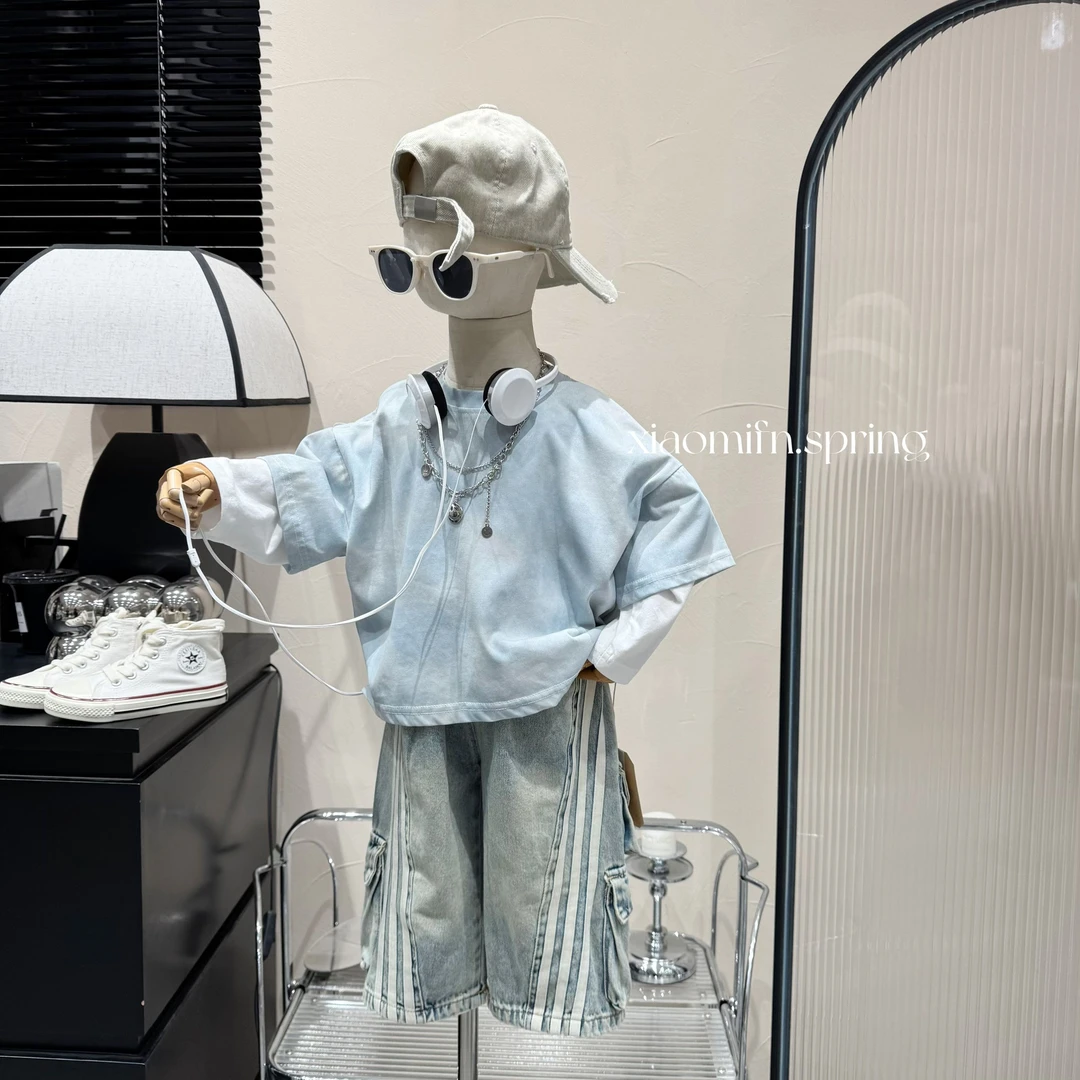 XIAOMIFN〃韩版扎染T恤潮酷男儿童2025春季新款时尚洋气打底衫807