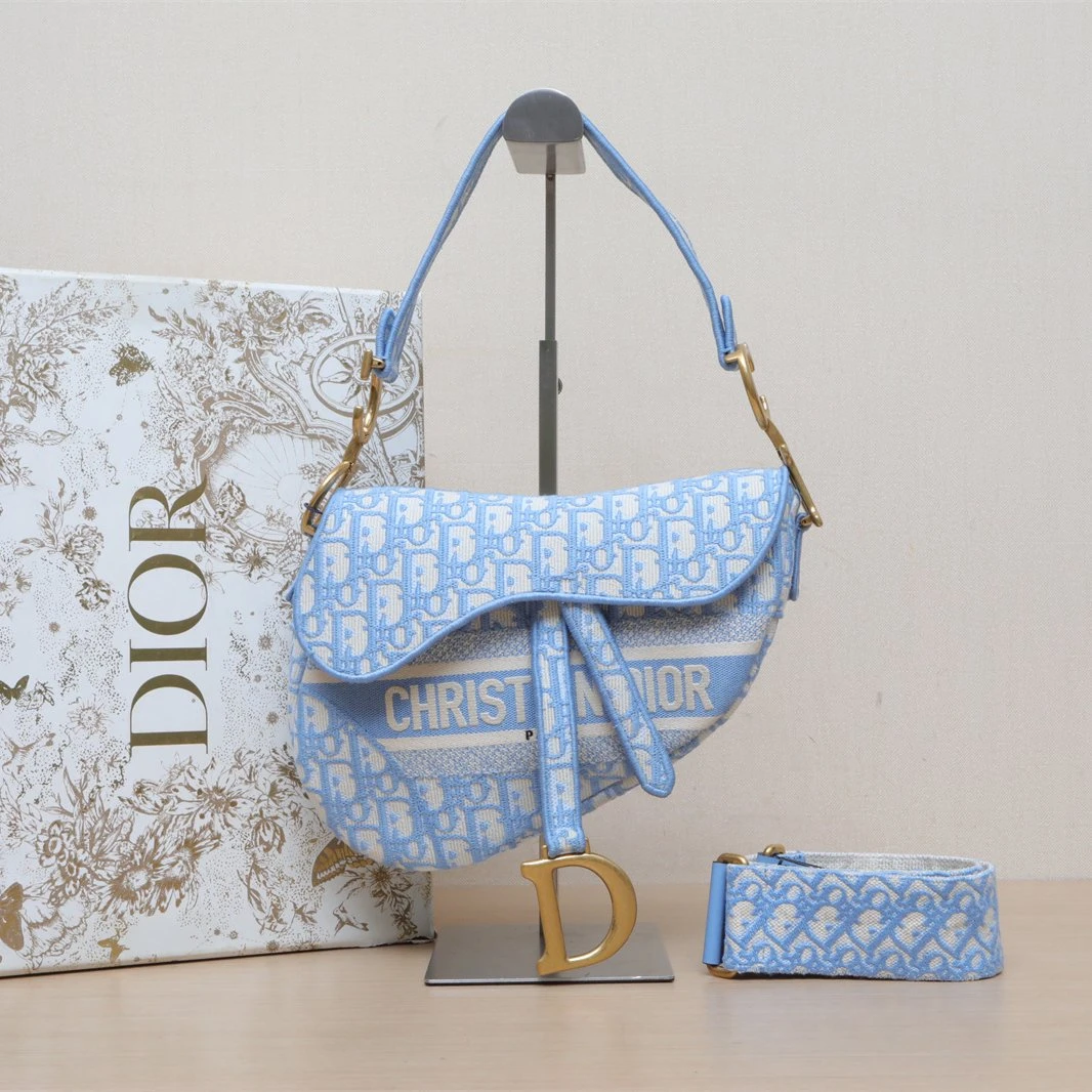 95新 DIOR/迪奥 【活动黑黑】马鞍 中号 配肩带 蓝色 帆布 金扣