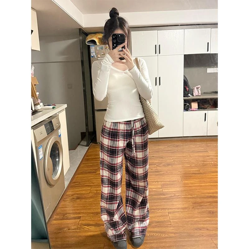 美式复古格子休闲裤女冬季新款撞色格纹宽松垂感阔腿裤直筒拖地裤