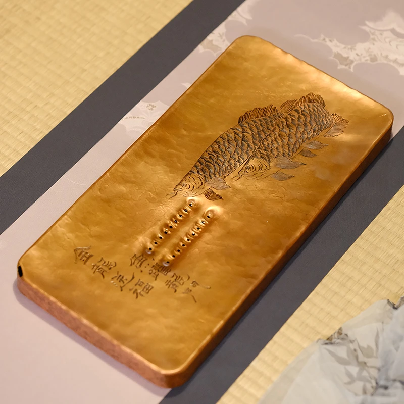 纯紫铜手工錾刻小型茶盘家用高端精致壶承干泡台储水式紫砂壶垫托