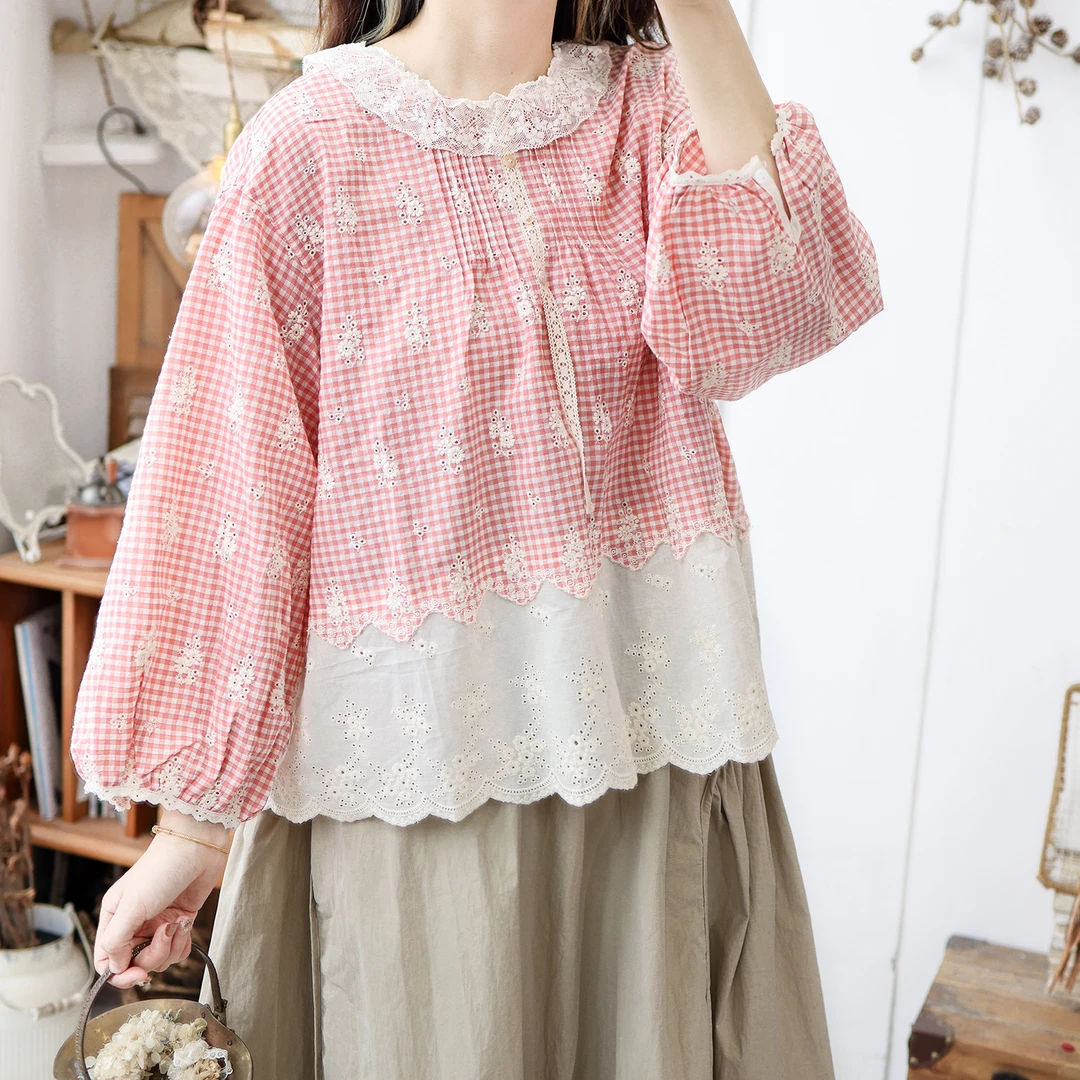 美村森系2025新款日系森系蕾丝原创女装复古格子衬衫宽松减龄休