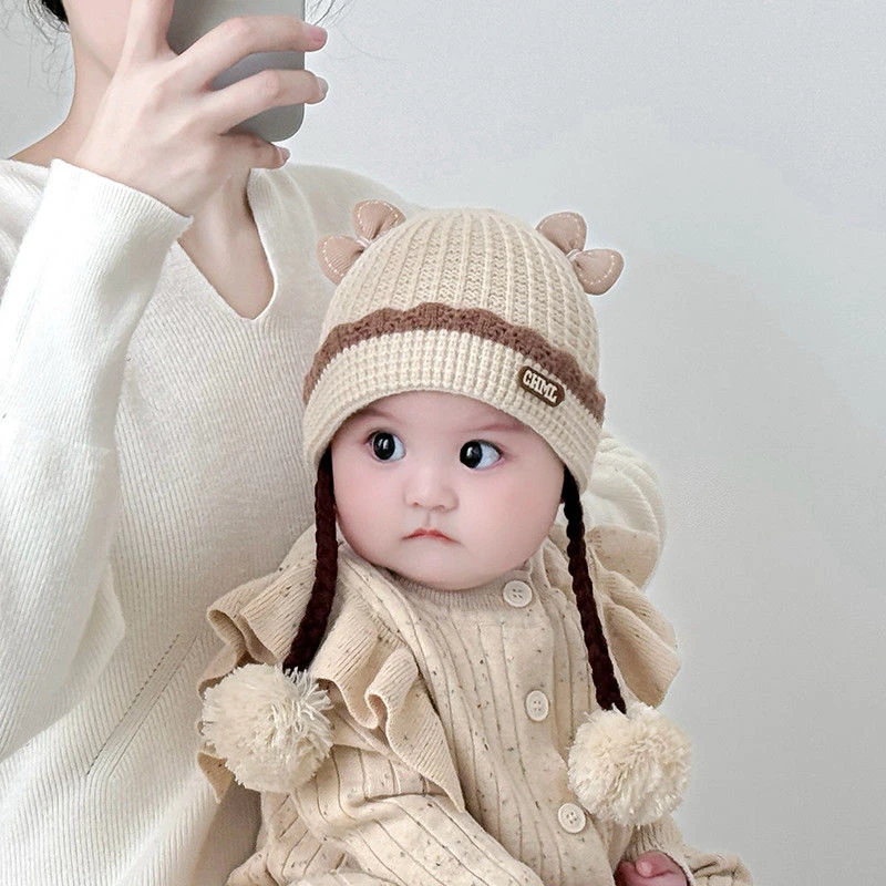 韩版婴幼儿宝宝帽子秋冬季保暖防风小月龄针织毛线帽假发辫子帽潮