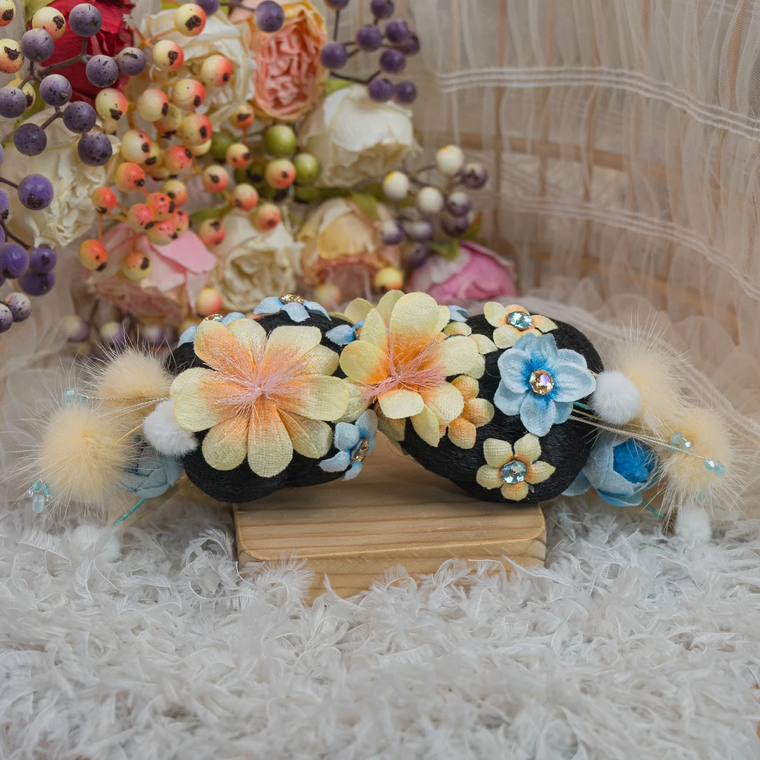 饰阿梁4379 锦棠假发包抓夹貂毛球秋冬儿童头饰女孩汉服发饰国风