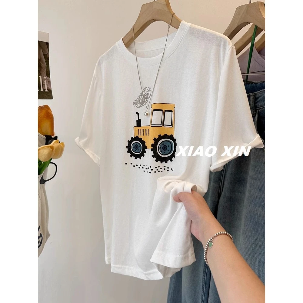 夏季新款汽车印花短袖T恤女胖MM大码显瘦韩版休闲200斤宽松上
