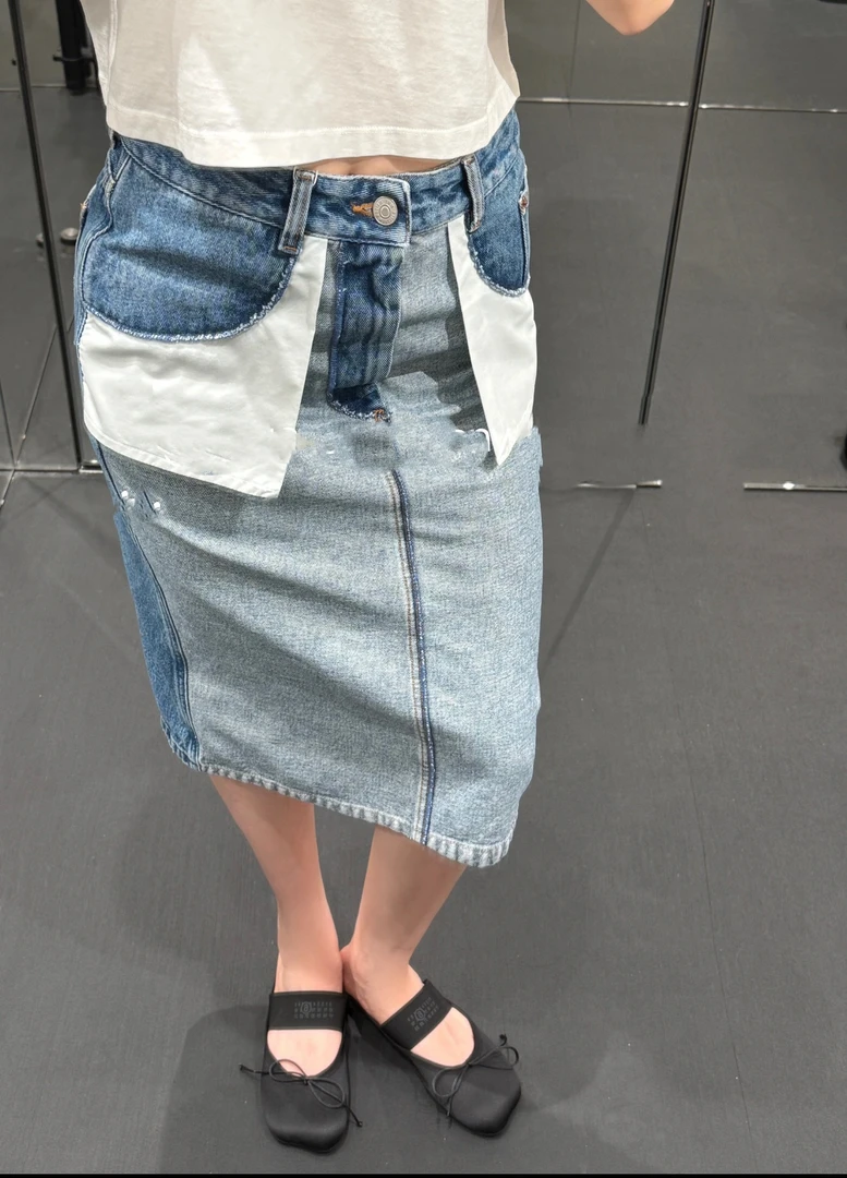 BBCUTE/ 反转设计 撞色高腰工装 牛仔半身裙