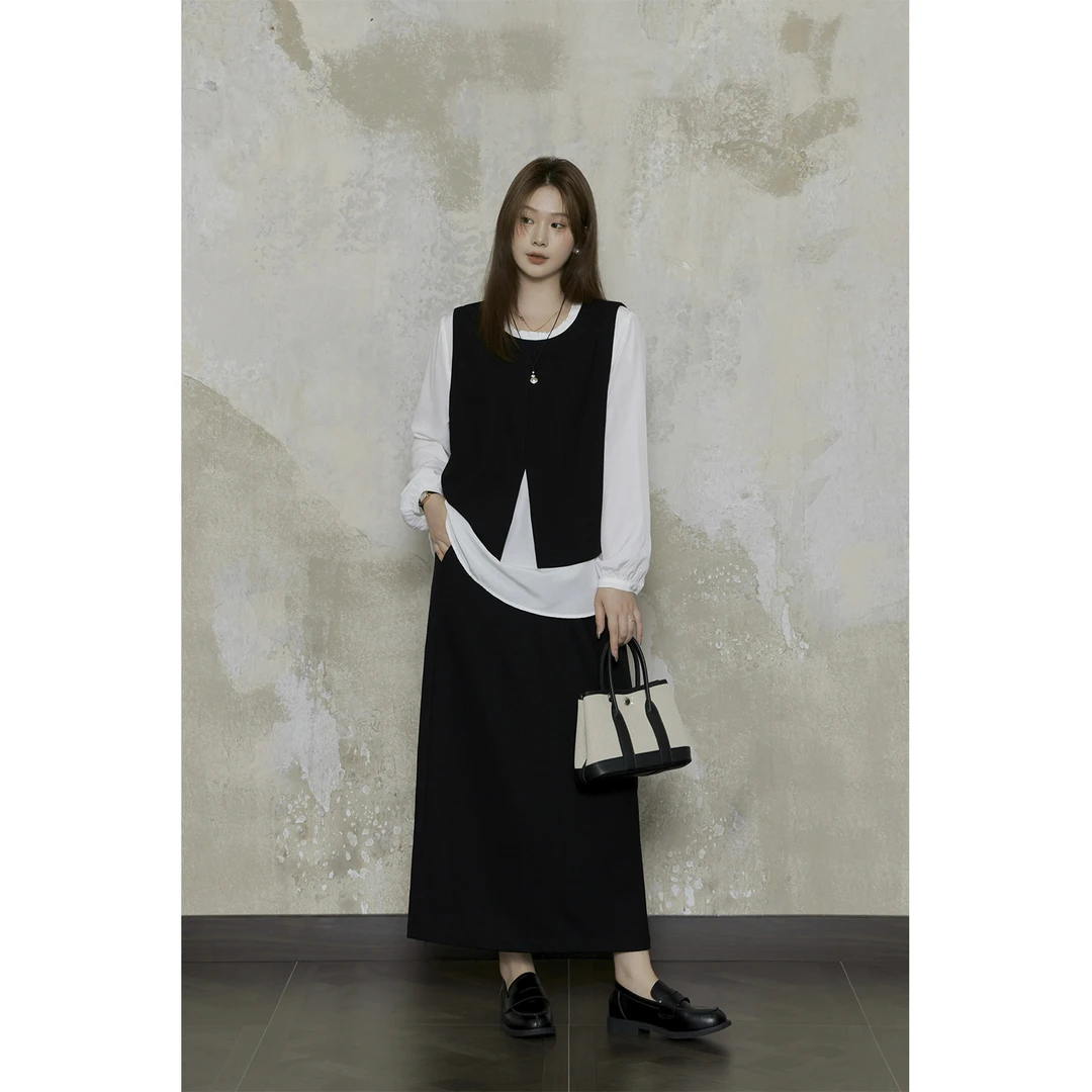 大婉酱微胖定制【夜叠雪】韩系假两件上衣百搭半身裙套装9589D