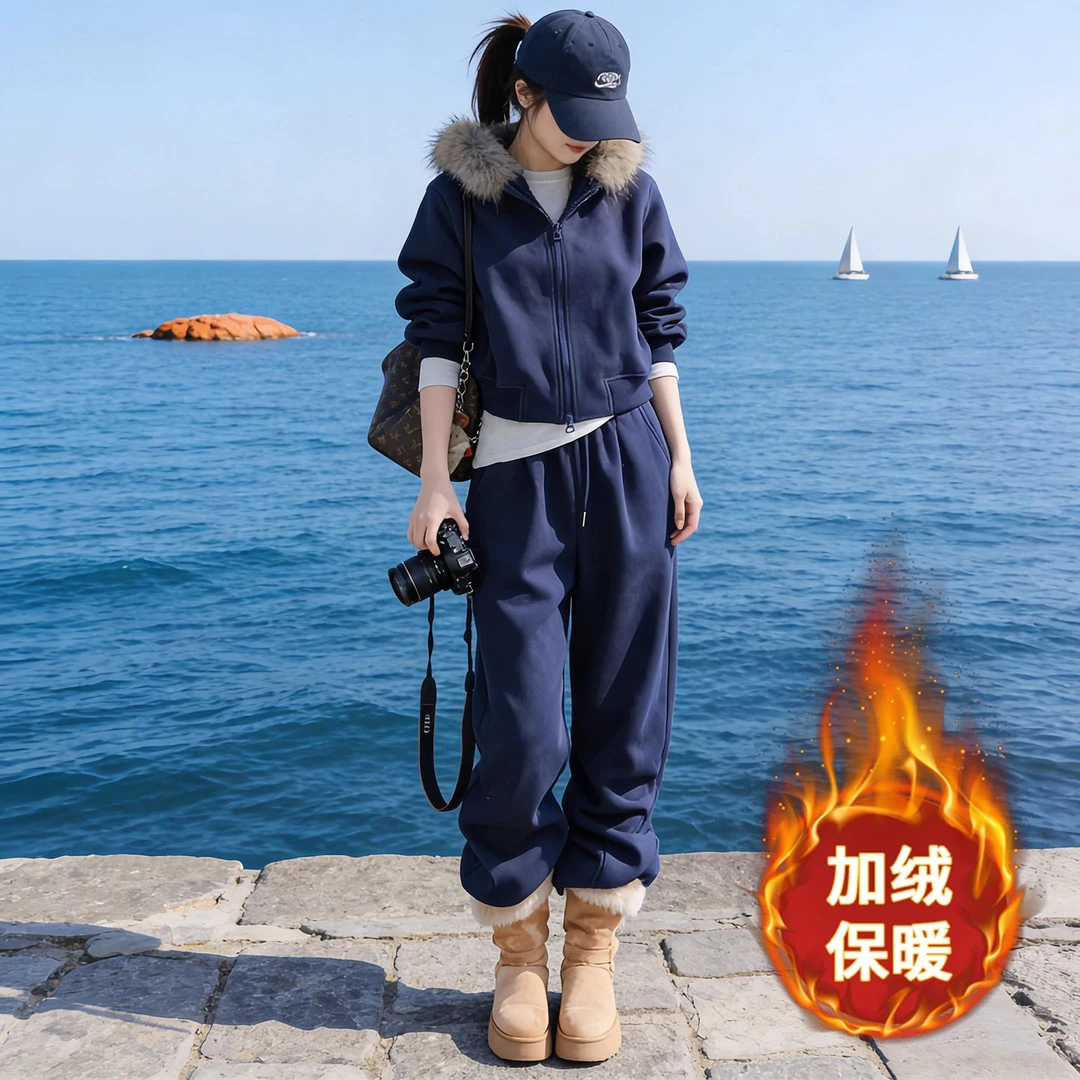 高级感美式加绒加厚运动套装女秋冬毛领连帽卫衣两件套保暖穿搭