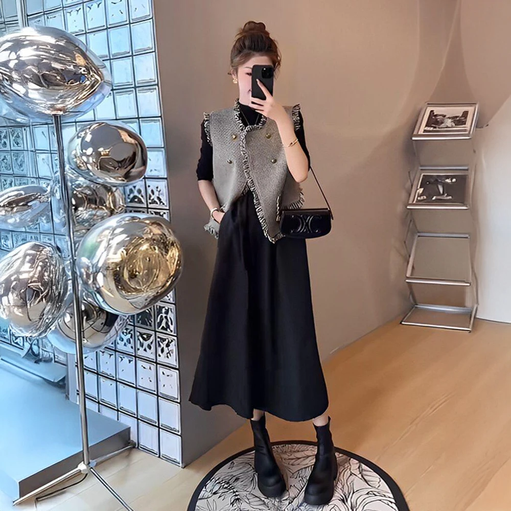 秋装穿搭一整套2025新款轻奢高级感小香风马甲连衣裙子两件套装女