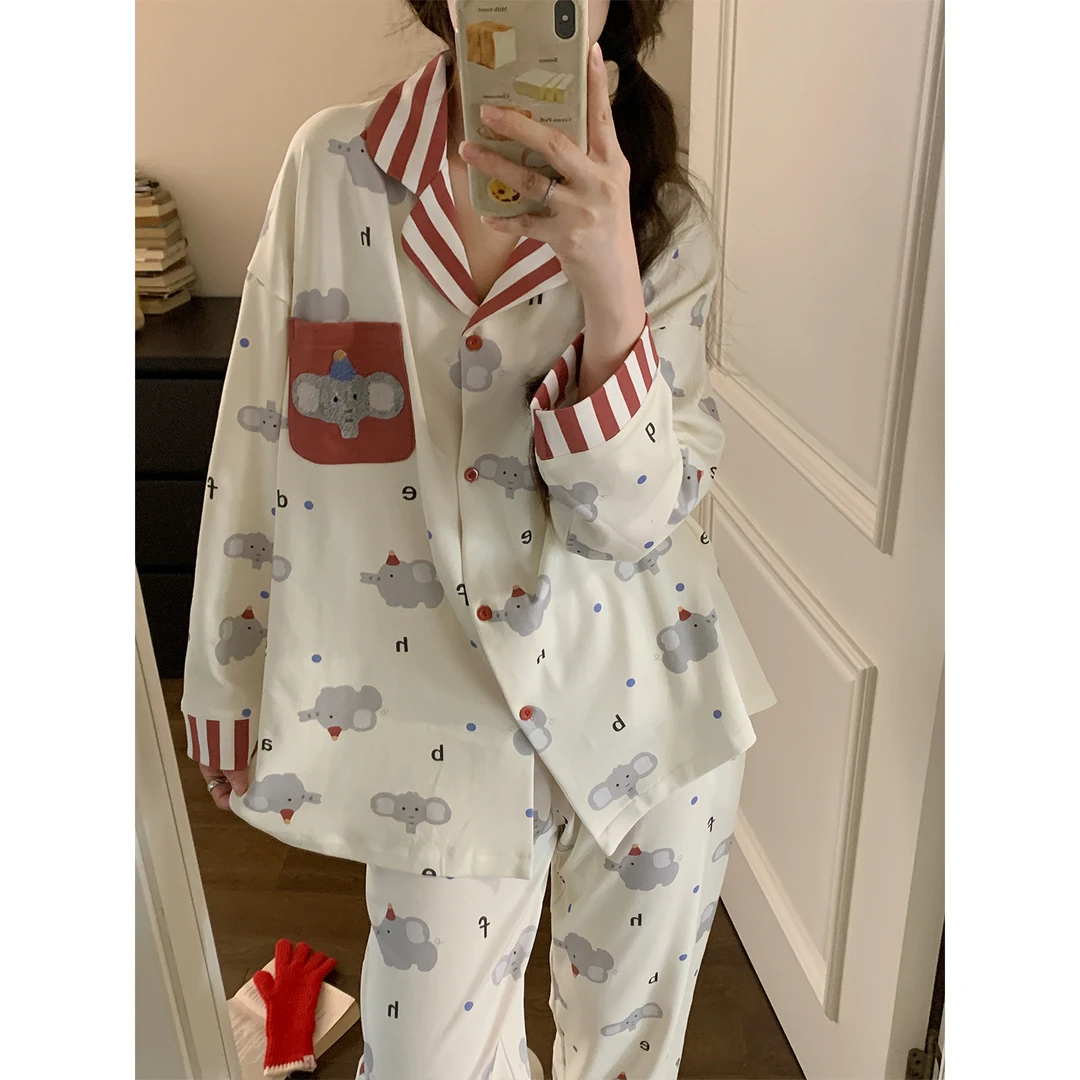 睡衣女纯棉春秋季2025新款长袖大象印花口袋刺绣可外穿家居服套装