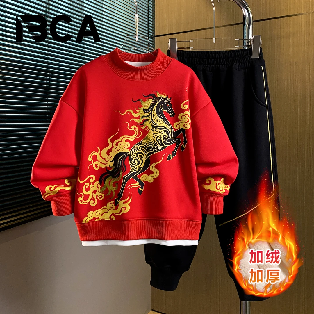 BCA【马踏祥云】加绒男童中大童红色冬季保暖休闲套装DF-套装3838