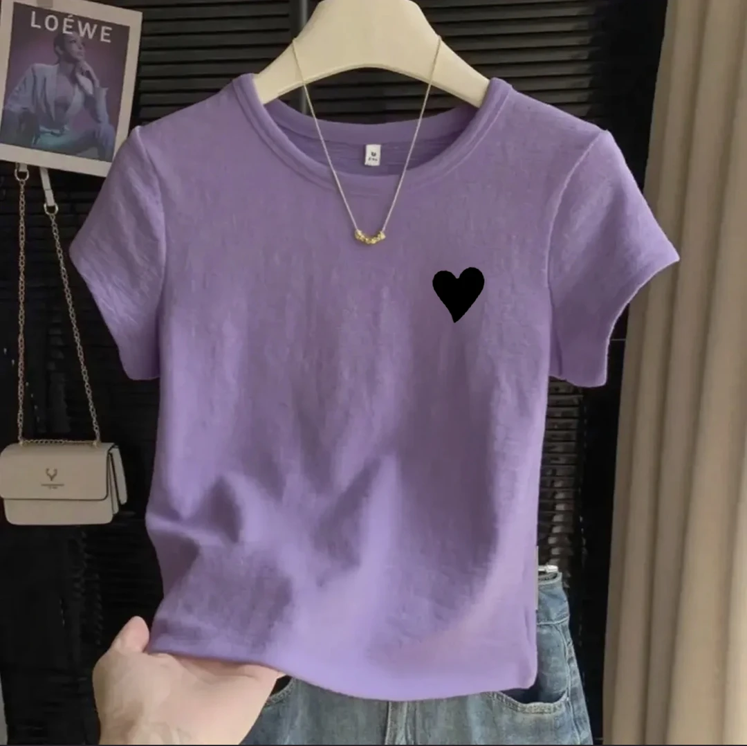 肌理感紫色短袖t恤女夏正肩圆领上衣短款韩系棉纱短袖文艺