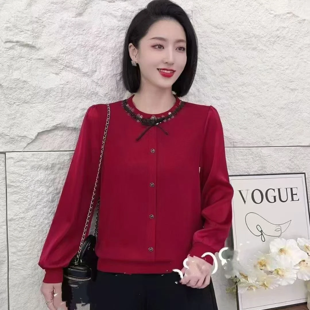2025春秋新款长袖圆领蝴蝶结时尚上衣女洋气减龄百搭衬衣小衫