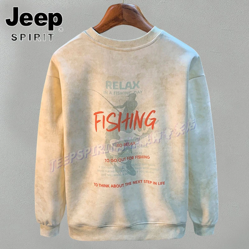 Jeep吉普美式复古潮牌卫衣男士春秋长袖T恤上衣圆领印花宽松衣服