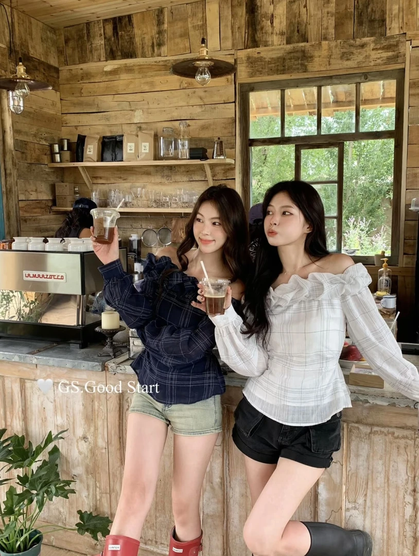 早秋韩系减龄格子一字肩收腰显瘦衬衫气质百搭甜美小衫女 8134#