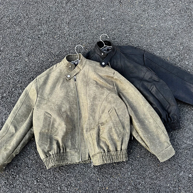 vintage美式高街重磅短款立领皮衣外套男款春秋痞帅高级感机车服