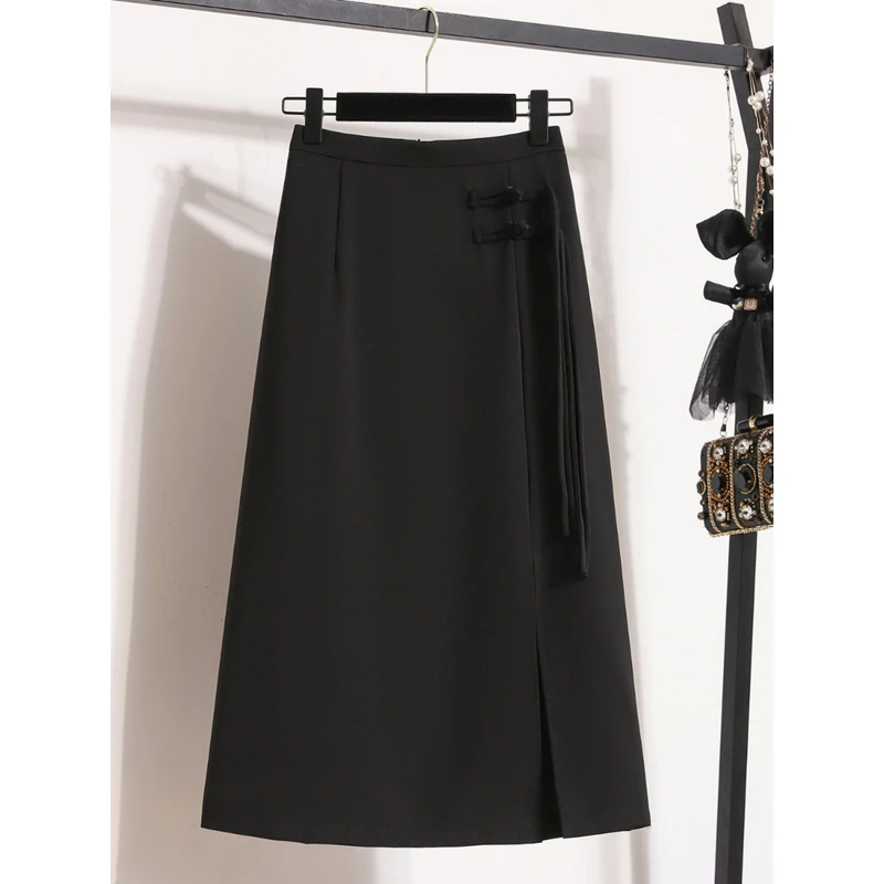 2025早秋新中式国风黑色高腰开叉气质垂感A字裙显瘦中长款半身裙