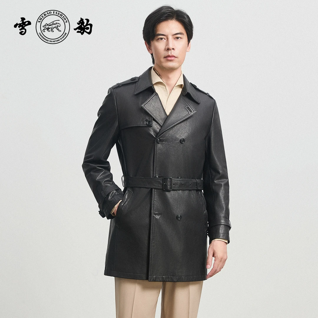 【专柜】雪豹2025新款88547绵羊皮真皮皮衣中长男士商务休闲皮风衣