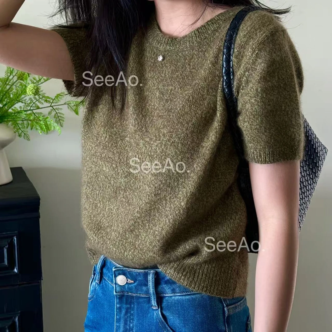 SeeAo【HJ同款】秋季宽松羊毛衫慵懒风韩版套头短袖针织上衣