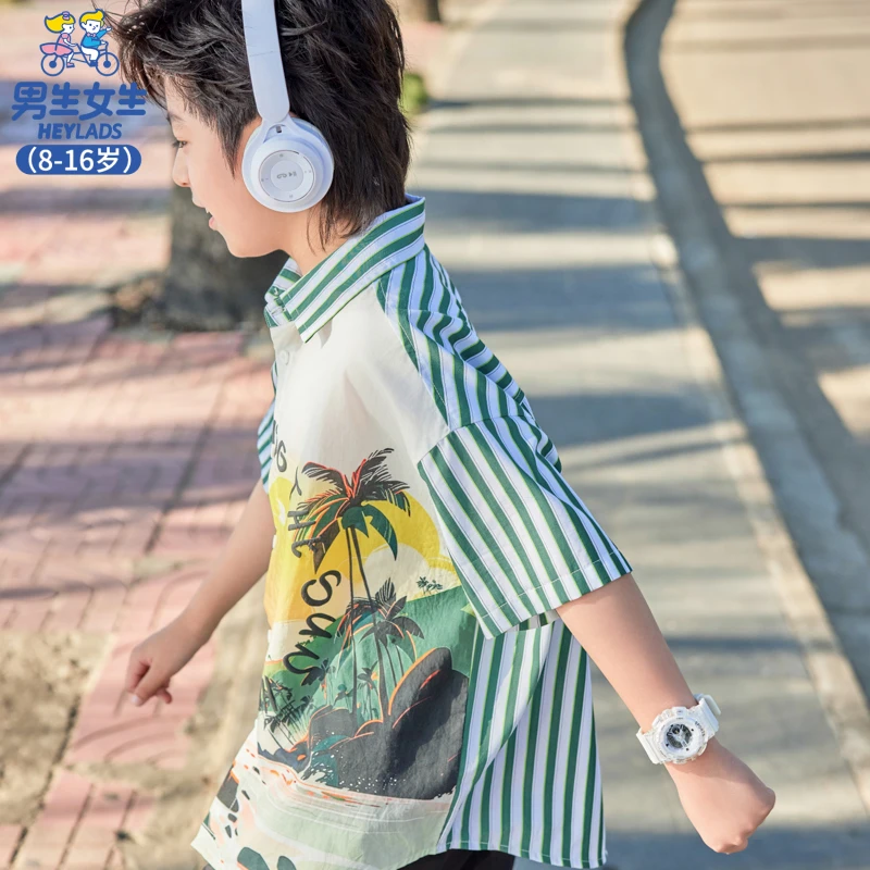 男生女生男大童潮流拼色度假风短袖衬衫NJXAJ24044B