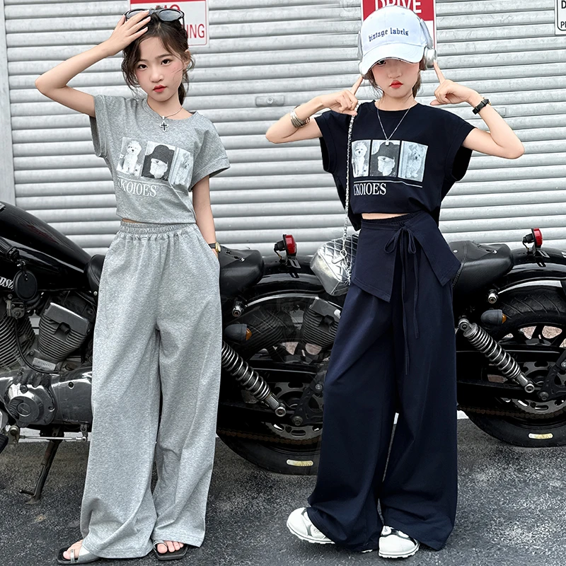 女童夏装套装2025新款中大儿童洋气时尚休闲短袖薄款阔腿裤三件套