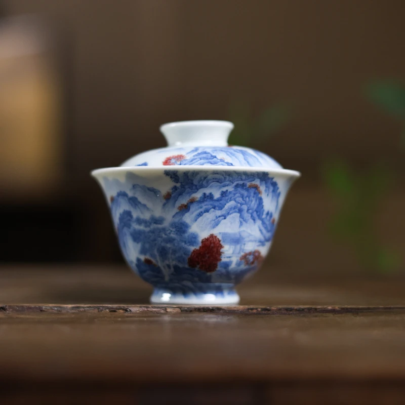 【见珊】青花釉里红细工山水盖碗（屹朴0118）