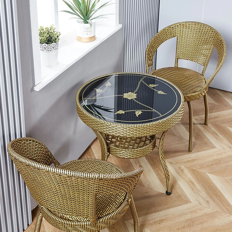 户外休闲仿编椅单人阳台桌椅套件耐磨防水转椅圆桌藤制五件组现代