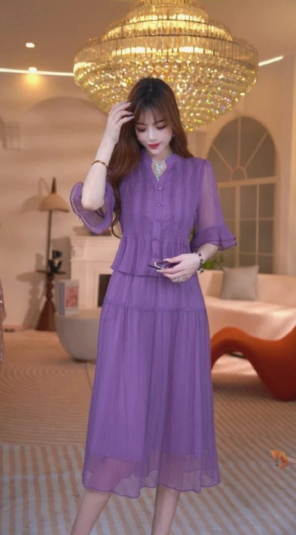 暖长裙夏季宴会树脂固色气质法式优雅长款短袖连衣裙1065