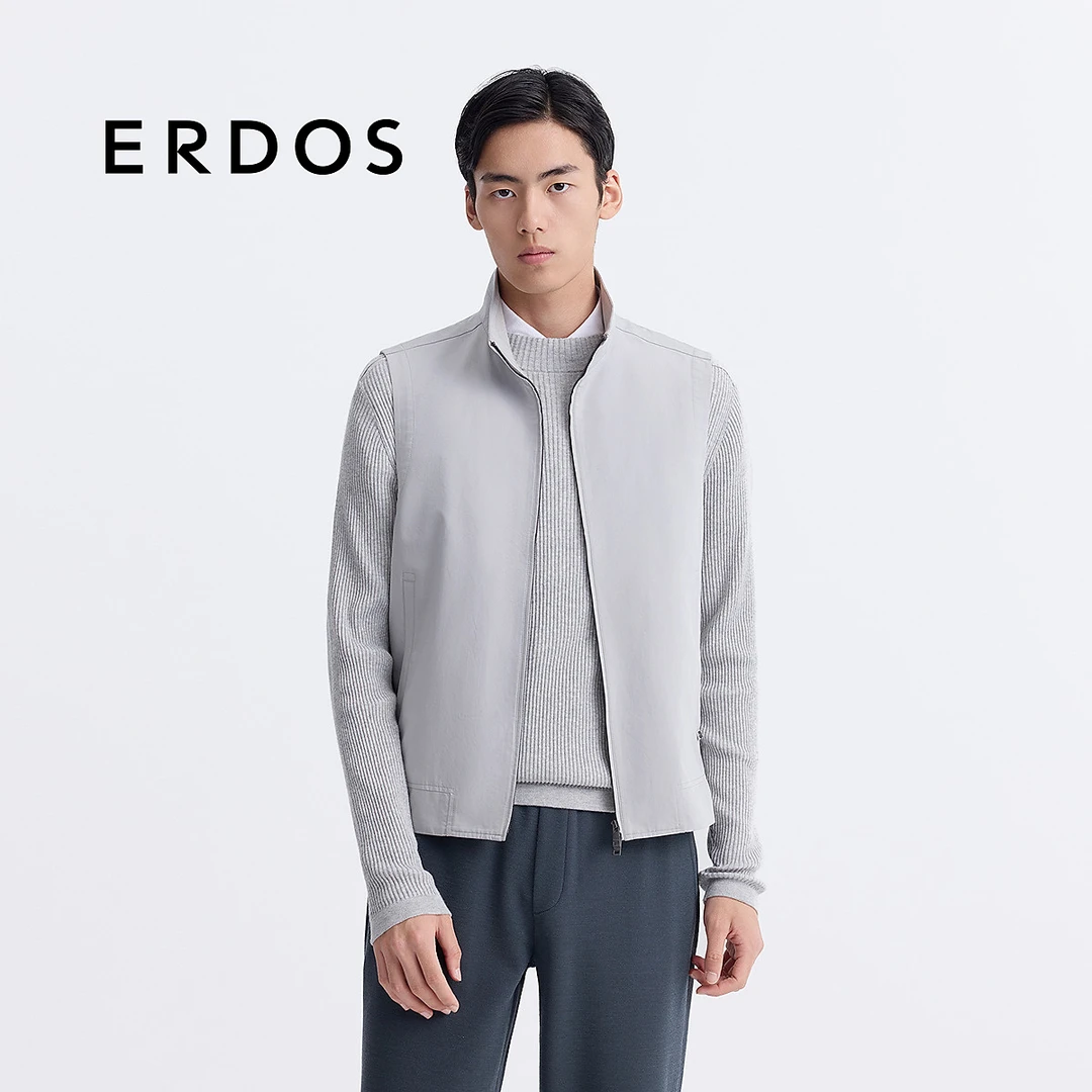 ERDOS 男装桃皮绒马甲合身版立领浅灰拉链外套易打理25早春