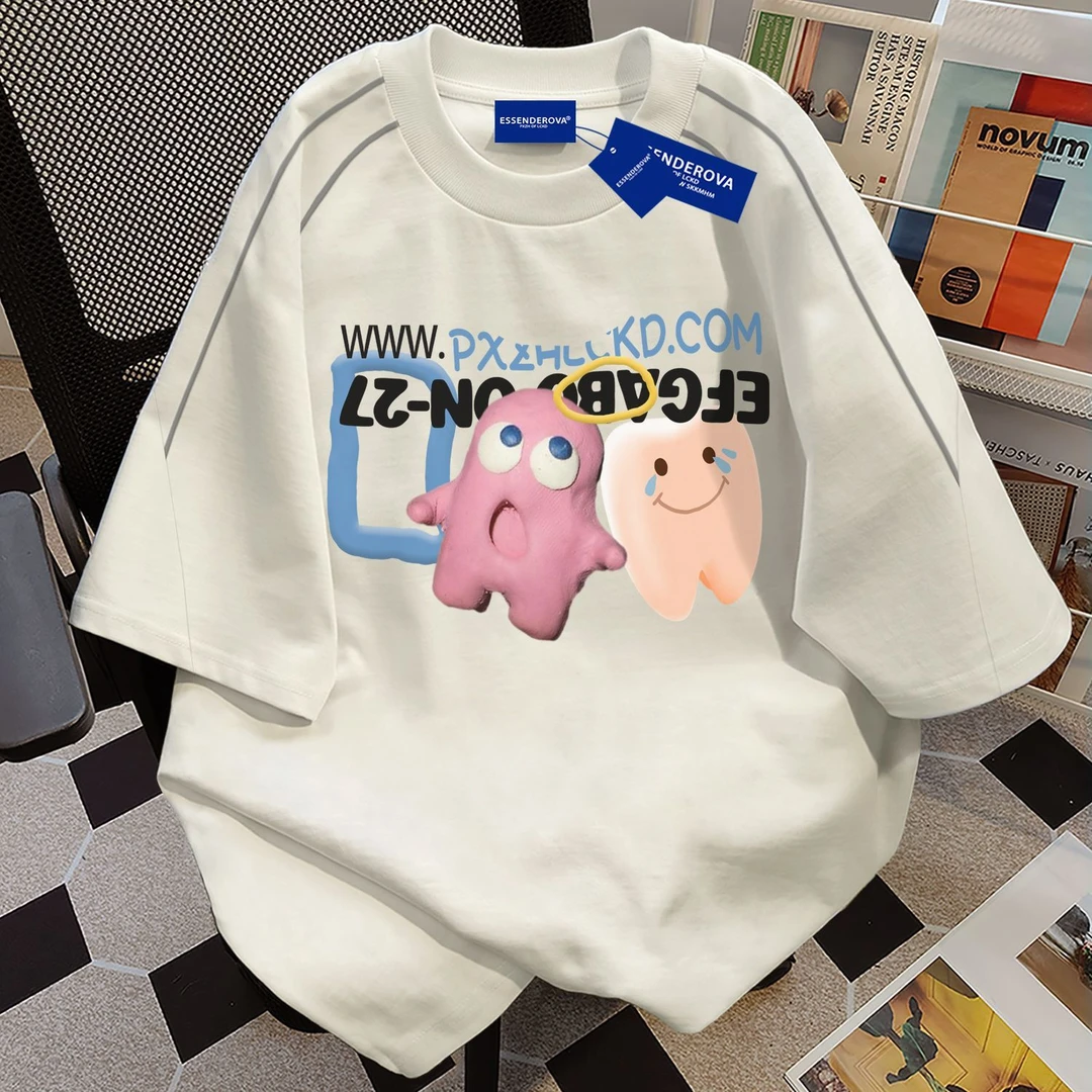 100%纯棉日式卡通印花男女夏季潮牌简约宽松圆领情侣短袖t恤上衣