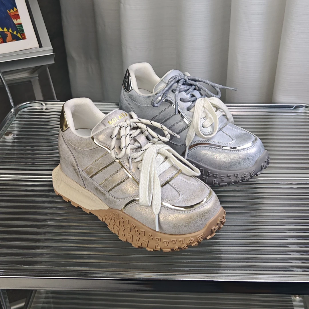 增高7cm春季运动厚底鞋潮流带内增高女鞋真皮百搭圆头女鞋