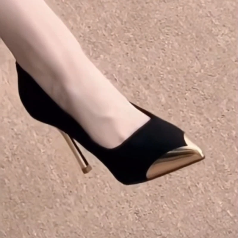 金属头浅口细跟单鞋女气质25新款百搭网红性感绒面宴会尖头高跟鞋