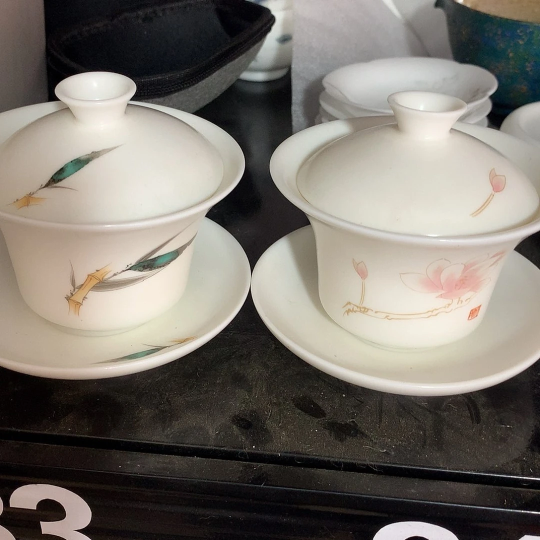 两套撇口马蹄素烧三才盖碗