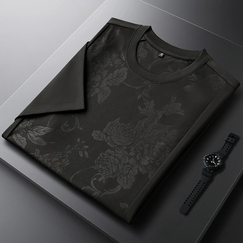 T恤男士夏季2025新款薄款暗纹印花简约时尚潮流提花休闲短袖上衣