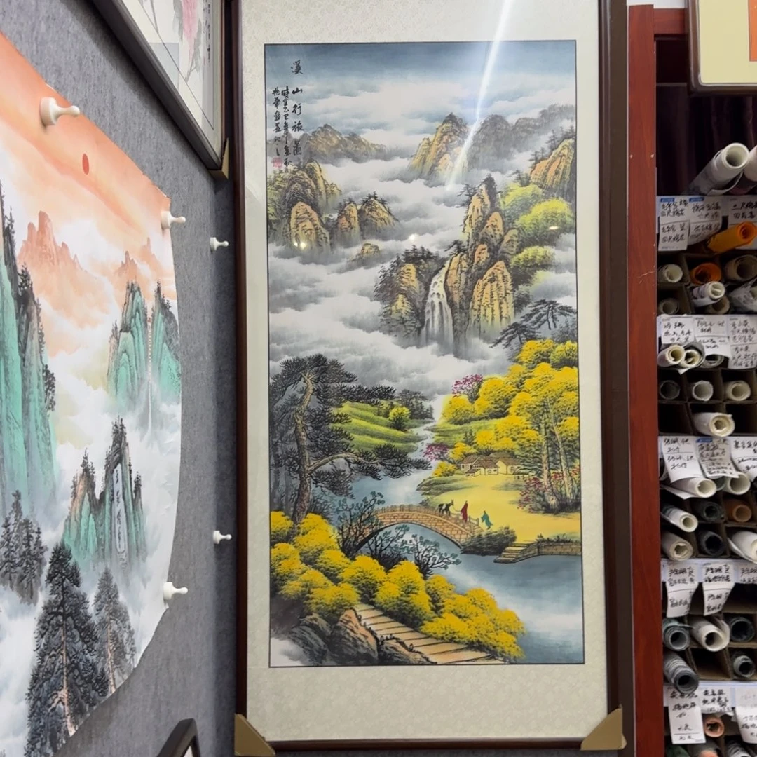 国画四尺溪山行旅图画框174×84