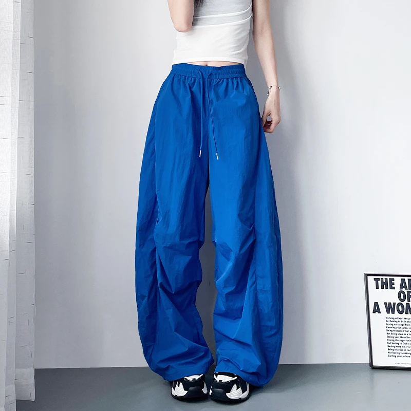 蓝色冰丝阔腿裤女大码胖mm宽松显瘦夏季运动跳舞轻薄速干工装裤